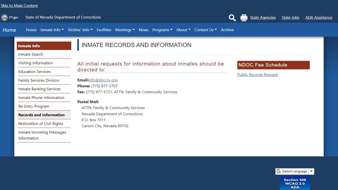 Inmate Records and Information - Nevada Department of Corrections